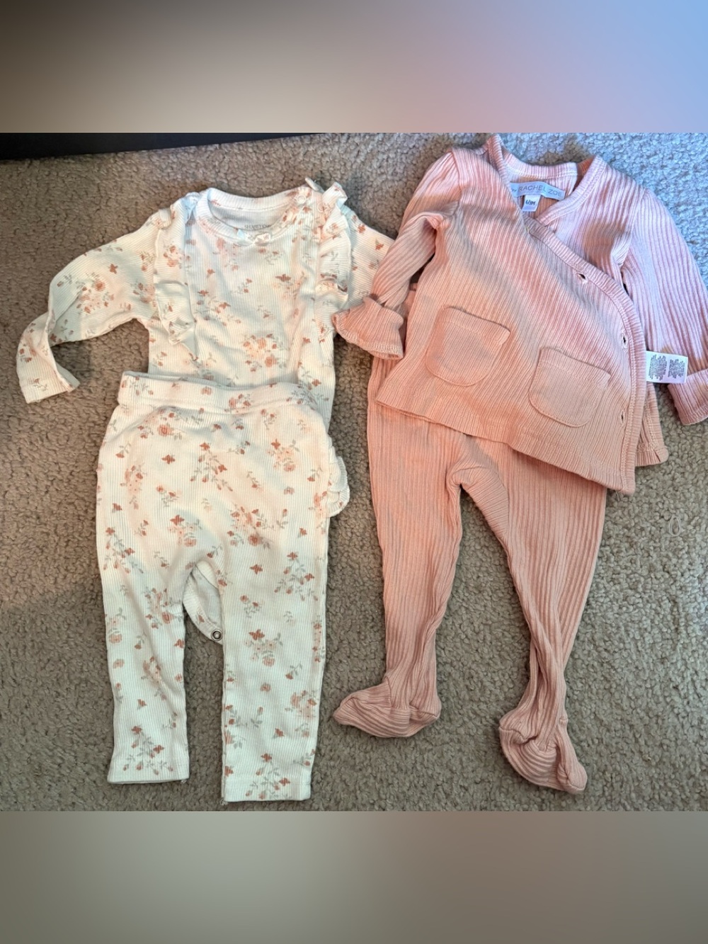 Rachel Zoe Peach Ribbed Footie and Cream Floral Ribbed Set